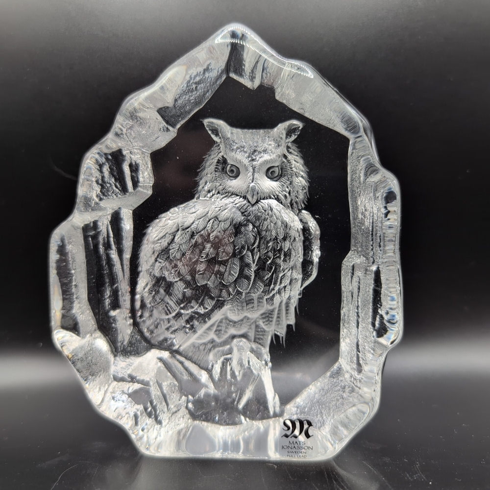 LARGE Mats Jonasson 3600 Eagle Owl 5 x 4" Full Lead Crystal Paperweight EUC
